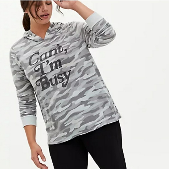Torrid Top "Can't I'm Busy" Gray Camo Size 0 Large 12 Long Sleeve Hoodie Tee NWT - Picture 1 of 16